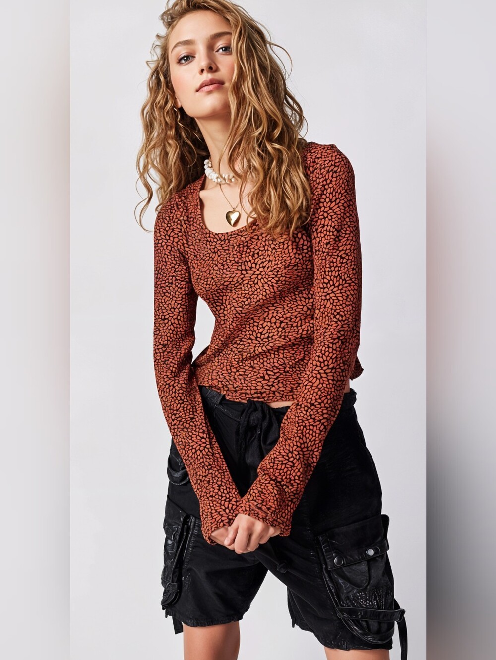 Free People Earthy Rust Floral-Print Scoop Neck Top